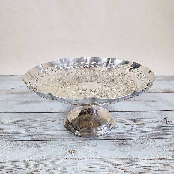 Scalloped Floral Silver Plate Open Compote Pierced Rim Footed Dish - Picture 7 of 7
